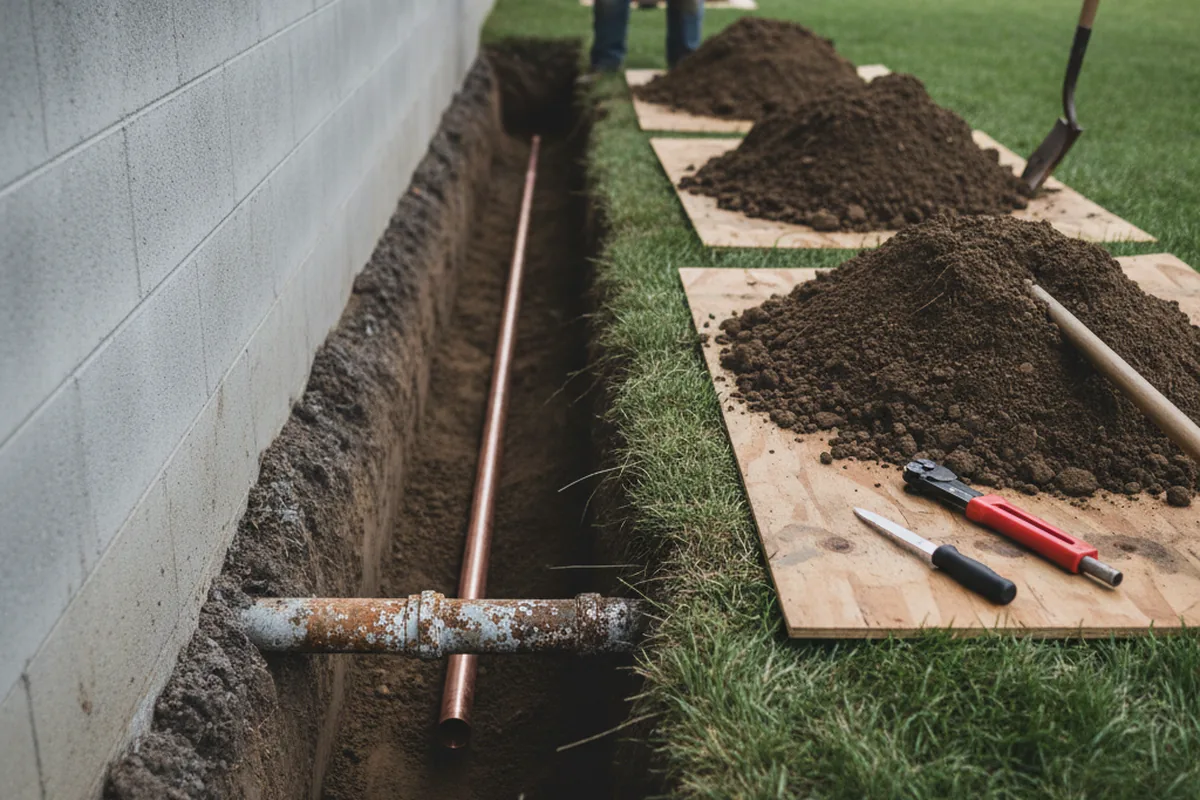 Excavated water line trench during Water Softener Installation in Alcoa